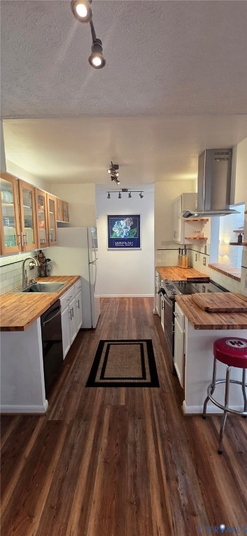 Kitchen featuring wood-finish laminate flooring, butcher block countertops, white cabinetry, a stainless steel range hood, and adjustable track lighting