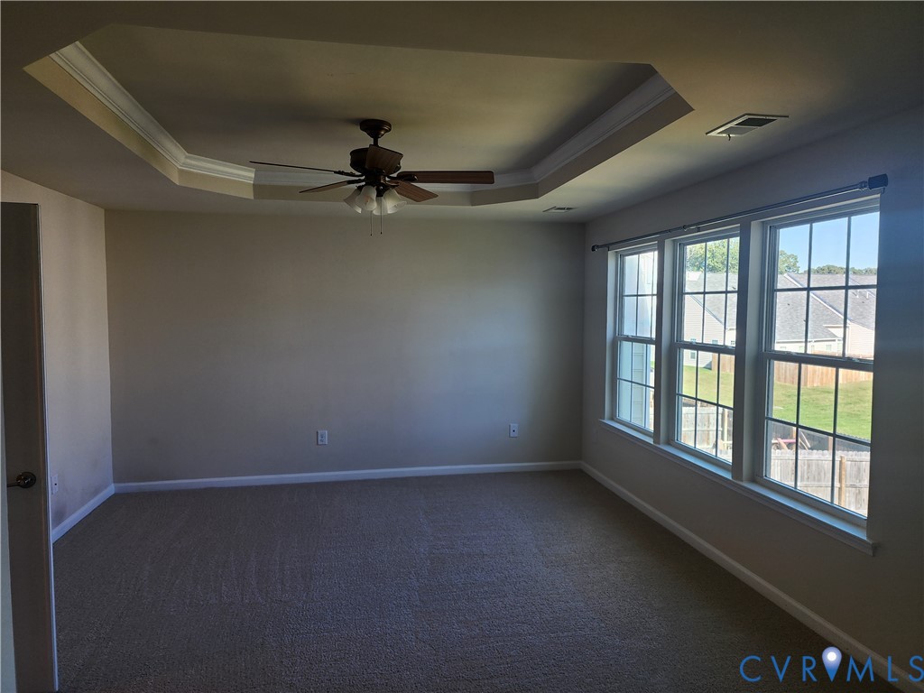 Tray ceiling, ceiling fan with integrated lighting, and a series of windows with colonial-style grids