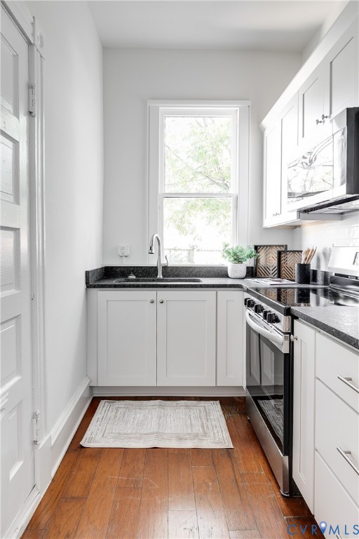 Kitchen featuring white shaker-style cabinetry, dark stone countertops, wood-finish flooring, stainless steel appliances, and a single-basin undermount sink with a gooseneck faucet