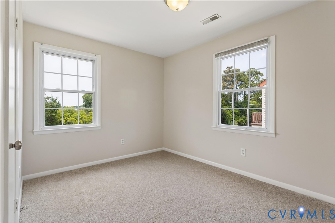 Neutral-toned walls, wall-to-wall carpeting, dual double-hung windows with grid muntins, and a flush-mount ceiling light fixture