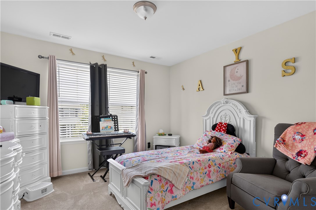 Neutral-toned interior space featuring light-colored wall-to-wall carpeting, dual-pane windows with horizontal blinds, and a flush-mount overhead light fixture