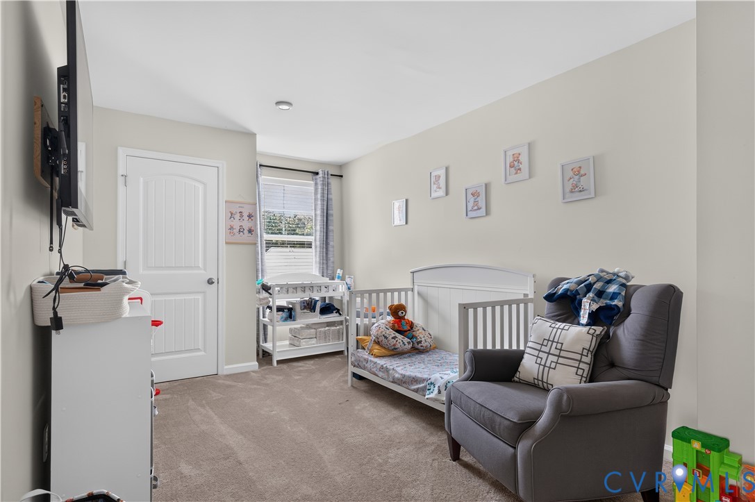Neutral-toned interior room featuring carpeted flooring, a multi-panel interior door, and a single-hung window with casing