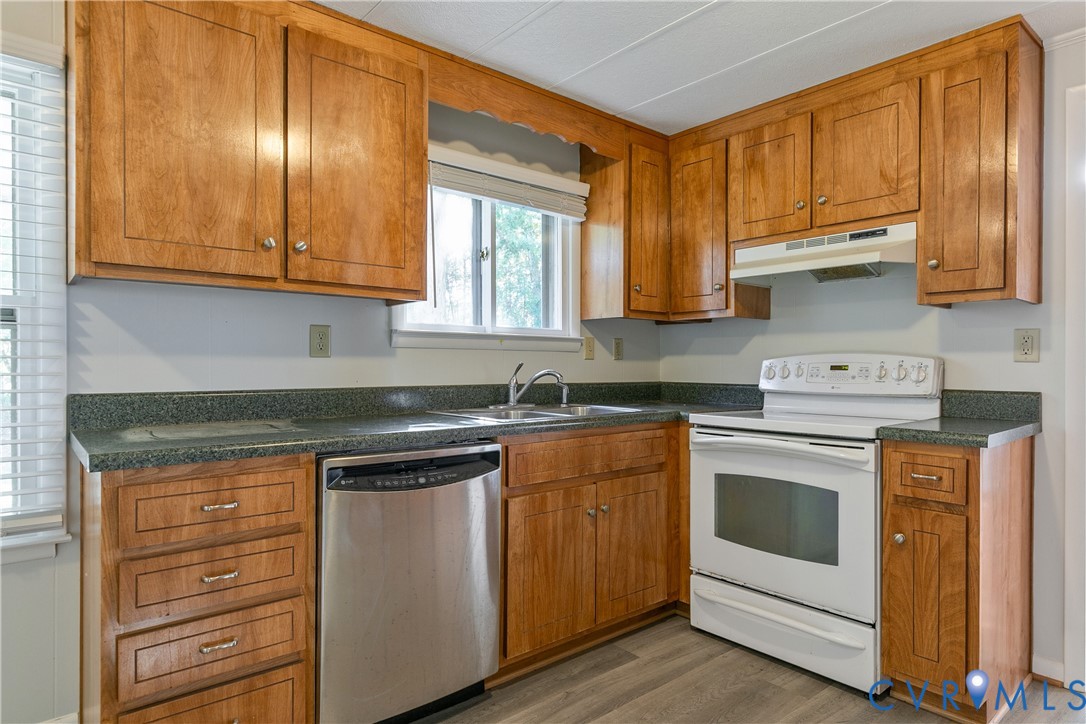 Kitchen featuring wood cabinetry, solid-surface countertops, a stainless steel dishwasher, a freestanding range, and wood-finish flooring