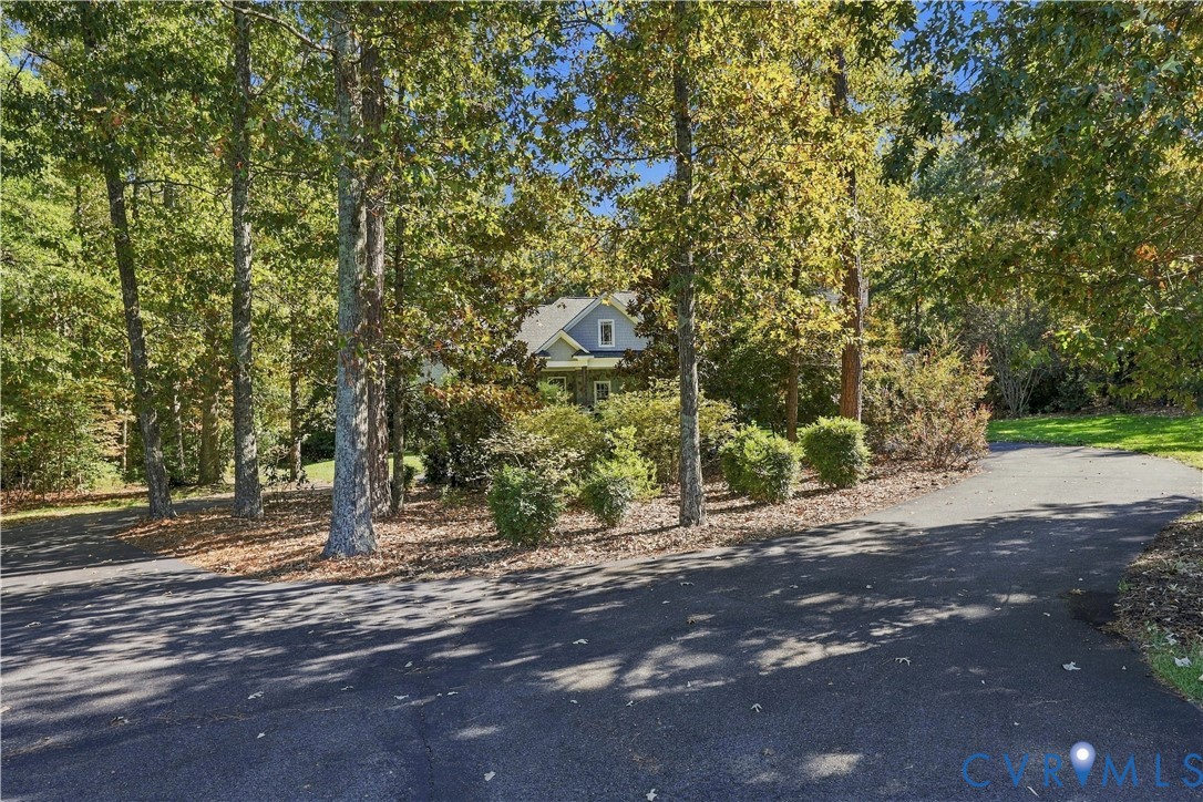 Asphalt driveway leading to a residence surrounded by mature trees and landscaped shrubbery