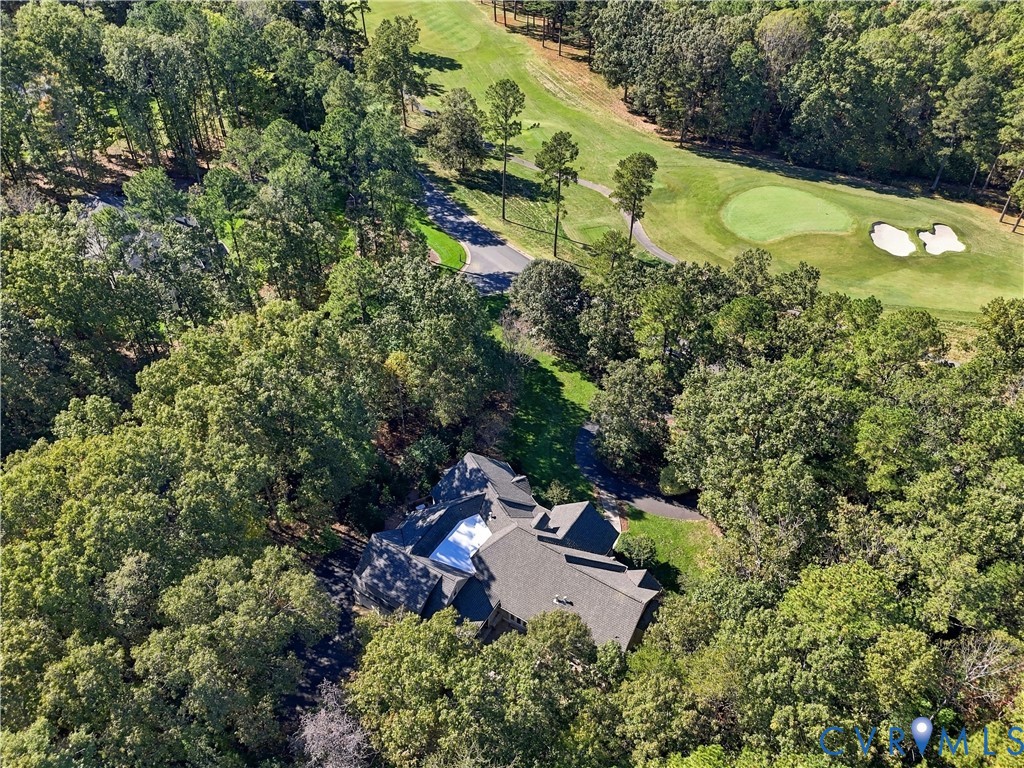 Aerial perspective featuring a multi-gabled roofline, secluded wooded lot, and paved driveway