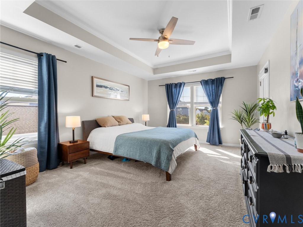 Tray ceiling with crown molding, center-mounted ceiling fan, neutral wall tones, and multiple windows