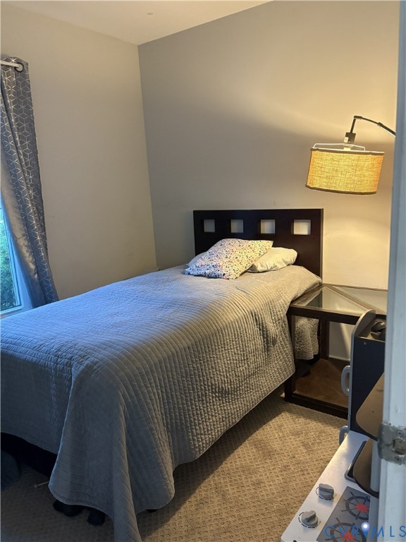 Neutral-toned walls with wall-to-wall carpeted flooring and an attached swing-arm wall light fixture
