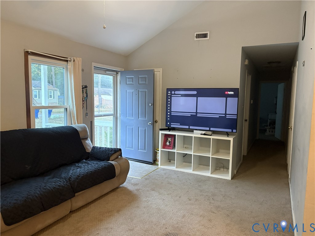 Vaulted ceiling, neutral wall tones, six-panel entry door, and multi-pane window