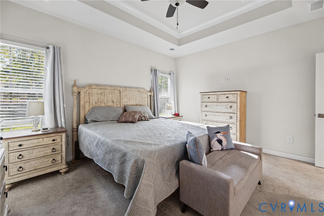 Spacious primary decorative tray ceiling and recessed lighting.