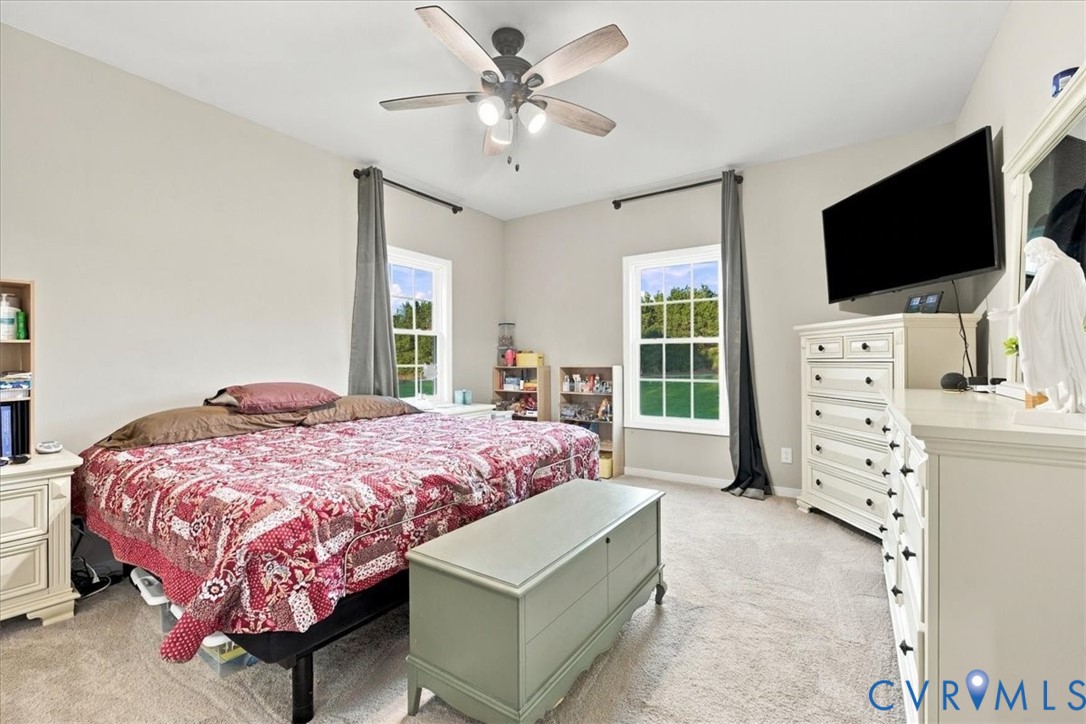 Neutral wall tones, wall-to-wall carpeting, ceiling fan with integrated lighting, and multiple windows providing natural light