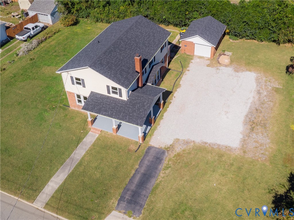 Aerial view of the driveway and garage