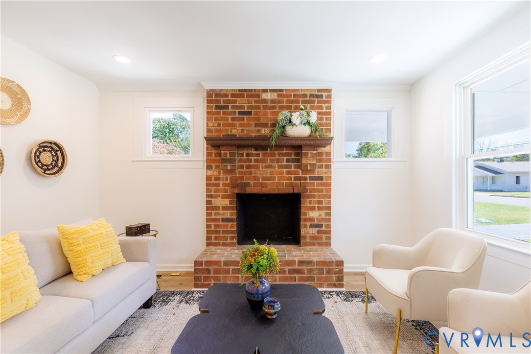 Brick fireplace with mantel