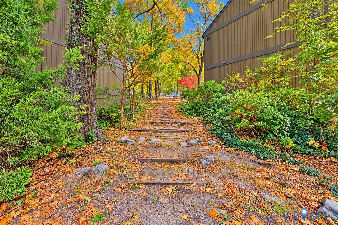 Exterior walkway featuring wood-rail steps, vertical panel siding, and mature tree landscaping