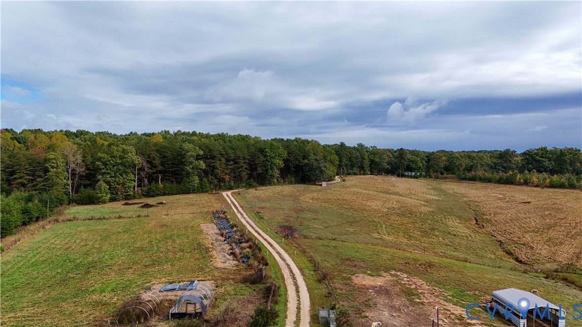 Expansive acreage featuring cleared pasture land, established tree lines, a gravel access road, and functional outbuildings