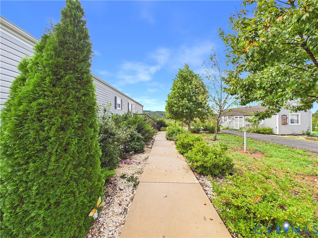 Concrete walkway bordered by mature evergreen shrubs, landscaped beds with stone ground cover, and a detached structure with a gravel path