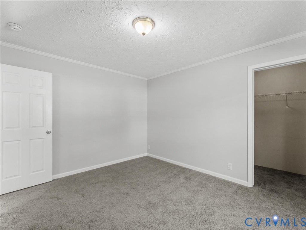 Neutral wall paint, plush carpeting, a four-panel interior door, a flush-mount ceiling light fixture, and a walk-in closet with integrated wire shelving