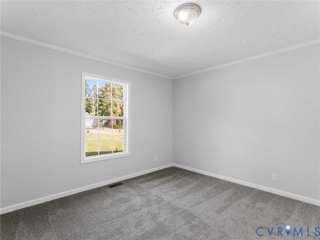 Neutral-toned interior space featuring wall-to-wall carpeting, crown molding, a multi-pane grid window, and a flush-mount ceiling light fixture