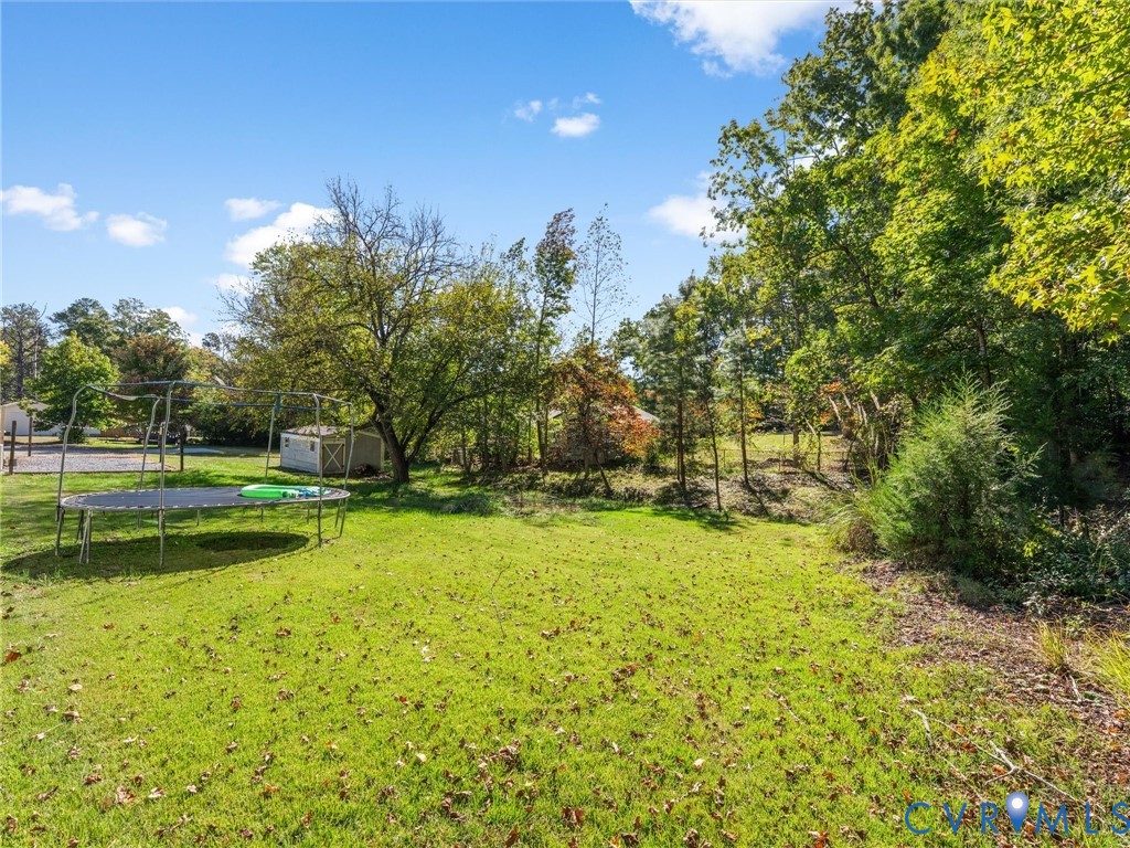 Expansive backyard featuring a large grass lawn, mature trees, and a detached storage shed