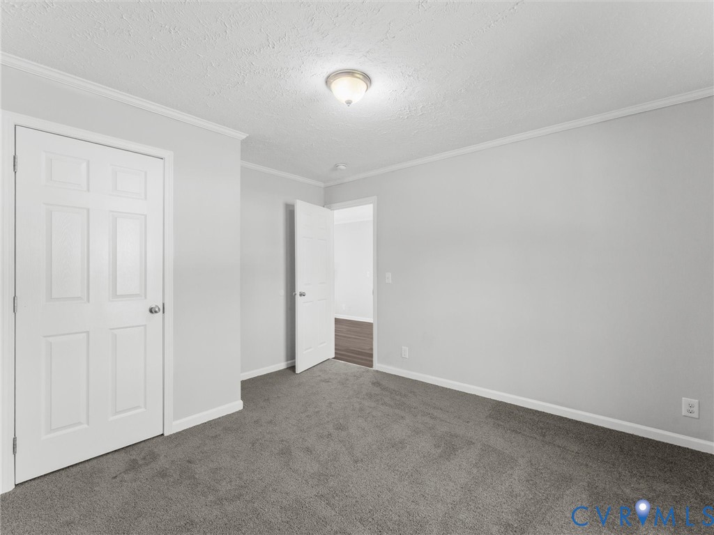 Interior room featuring neutral-toned carpeting, light gray walls, white six-panel doors, and a flush-mount ceiling light fixture