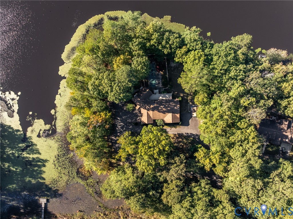Aerial perspective of waterfront property featuring extensive mature tree coverage, a shingled roof, a paved driveway, and a private dock