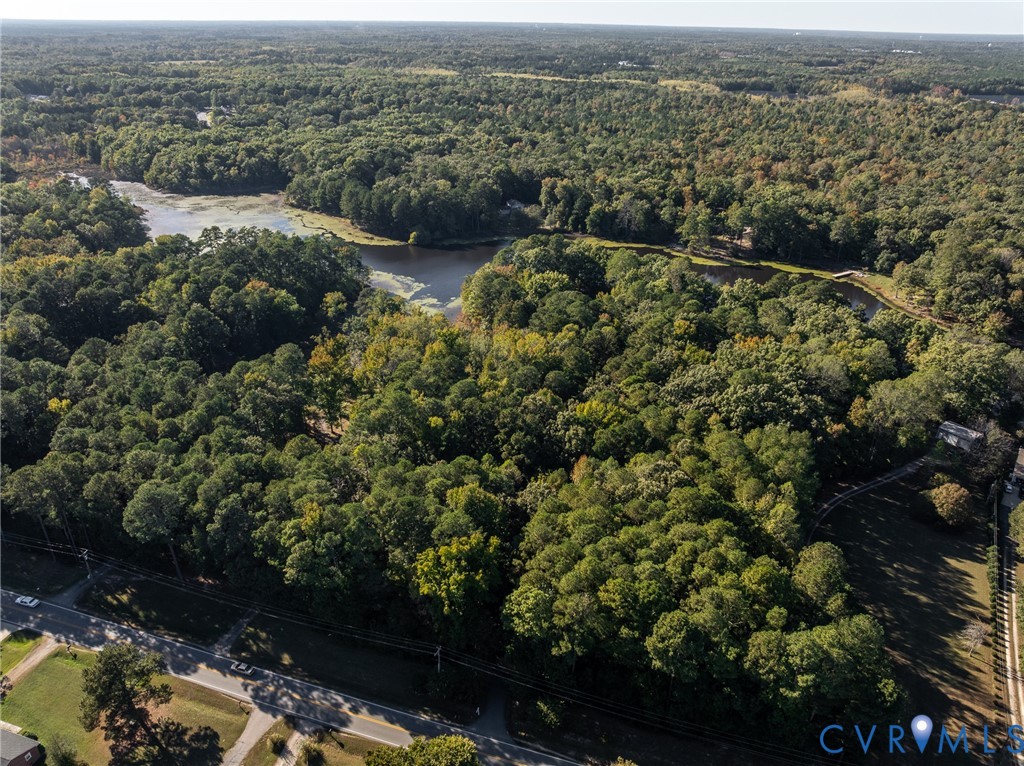 Aerial perspective of a heavily wooded lot featuring significant acreage, mature forest canopy, and direct frontage on a natural pond