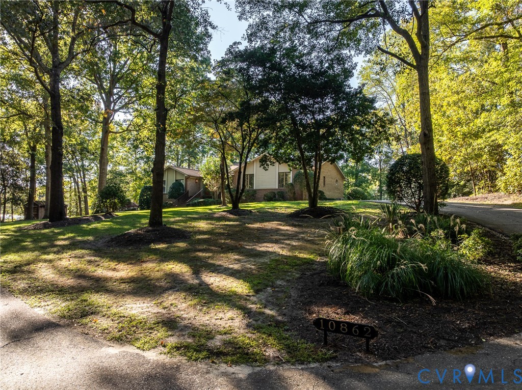 Expansive lot featuring mature trees, manicured landscaping, and an asphalt driveway
