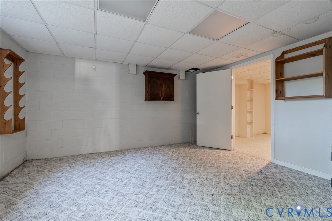 Interior space featuring patterned wall-to-wall carpeting, painted concrete block walls, a drop ceiling, and multiple wall-mounted wood shelves