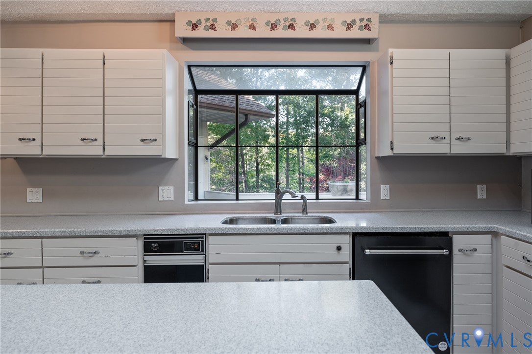 Kitchen featuring horizontal-paneled cabinetry, solid-surface countertops, dual-basin stainless steel sink with arching faucet, and large-format garden window