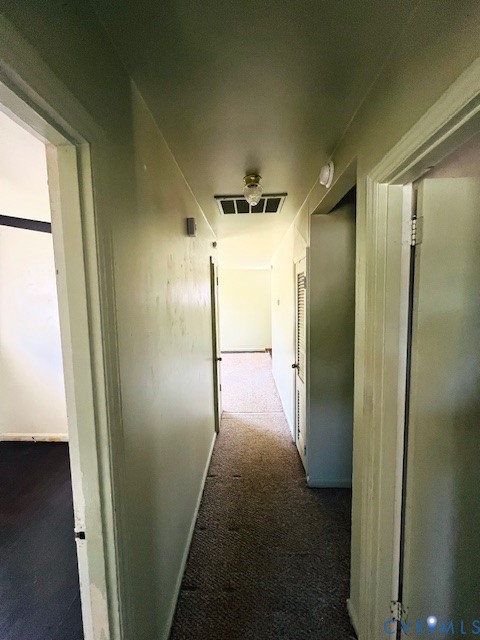 Interior corridor featuring neutral wall finishes, carpeting, and a built-in louvered closet door