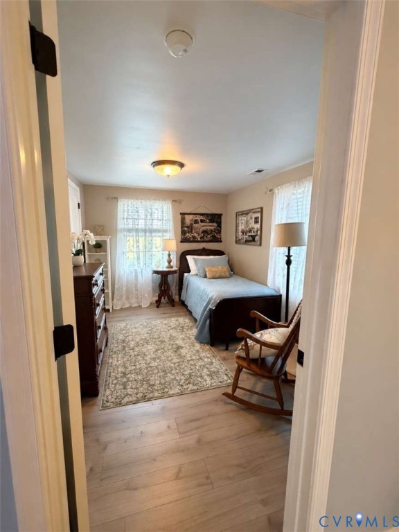 Room featuring light wood-finish flooring, two large windows, and dual ceiling-mounted lighting fixtures
