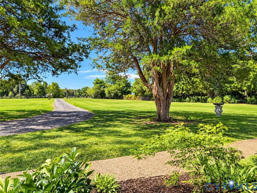 Expansive grounds featuring a gravel driveway, mature trees, manicured lawn, and stone garden decor