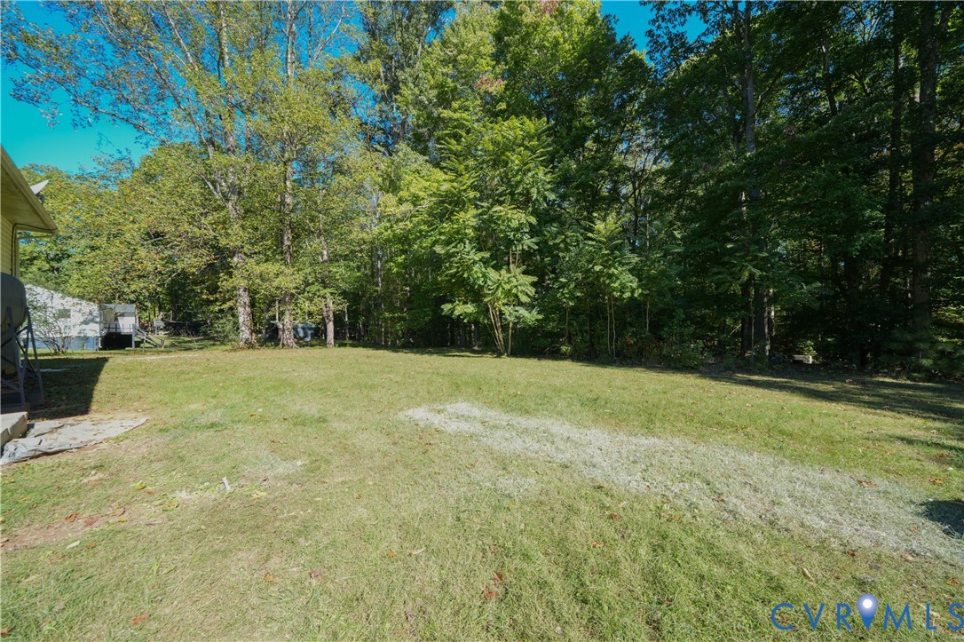 Expansive backyard featuring a sprawling lawn and a perimeter of mature trees