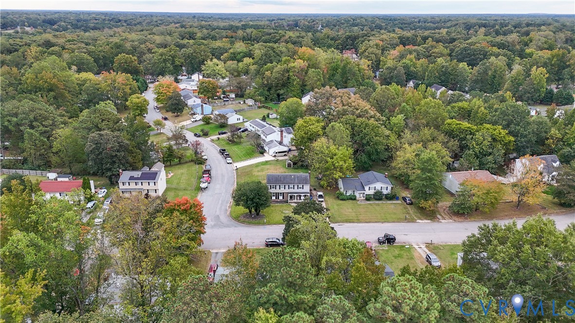 Aerial perspective of a residential neighborhood featuring mature canopy trees, established lawn landscapes, and winding paved streets