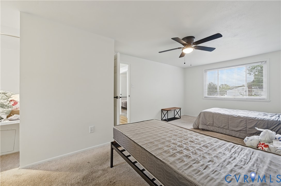 Neutral-toned interior featuring wall-to-wall carpeting, a multi-blade ceiling fan with integrated lighting, and a single-hung window with horizontal blinds