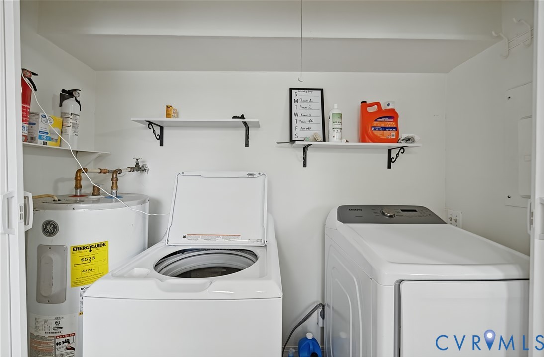 Utility closet featuring two wall-mounted storage shelves and an electric water heater