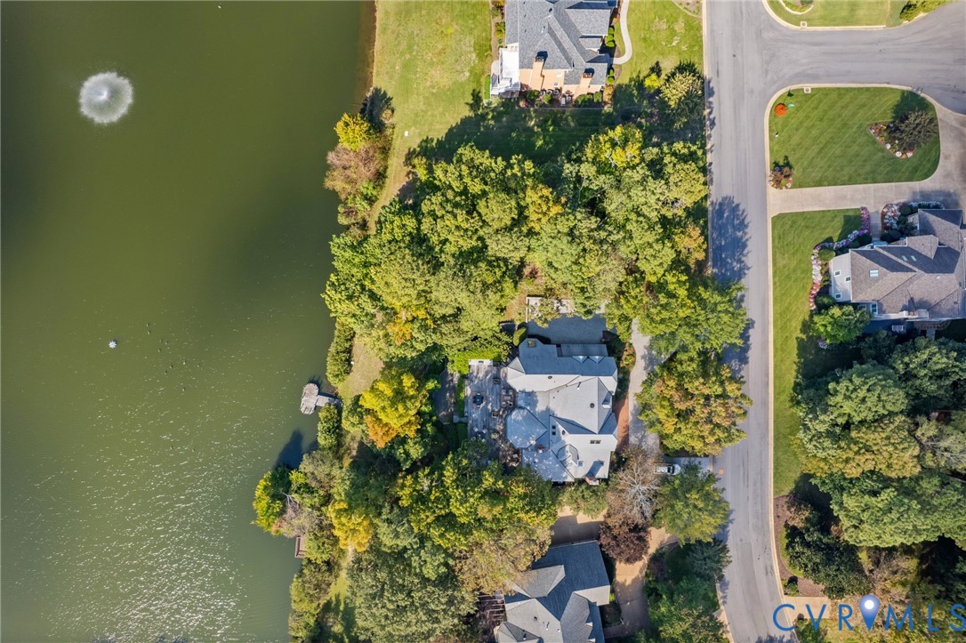 Aerial perspective of waterfront property featuring mature tree canopy, private pier, and paved driveway