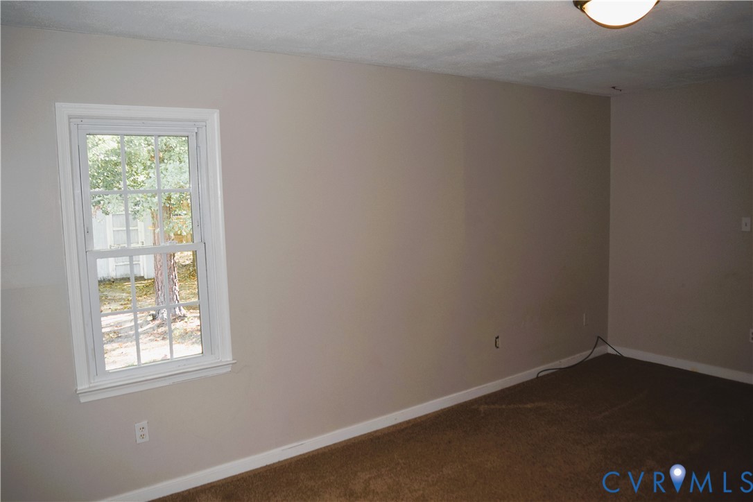 Neutral-toned walls, double-hung window with colonial grille pattern, carpeting, and flush-mount ceiling lighting