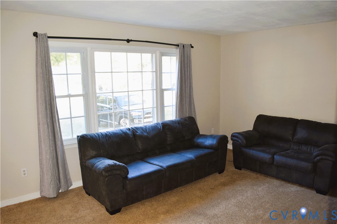 Large multi-pane window with a center picture frame configuration, neutral wall coloring, and wall-to-wall carpeting