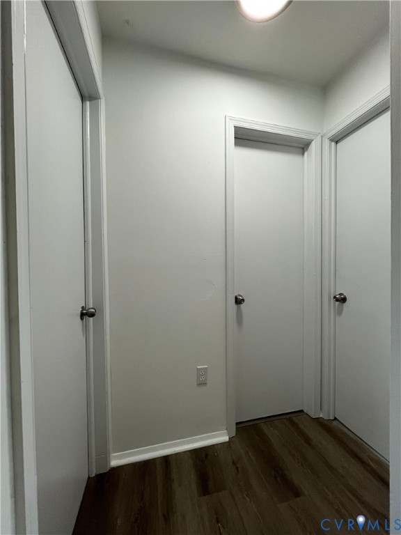 Wood-finish flooring, three interior doors, and a ceiling-mounted light fixture