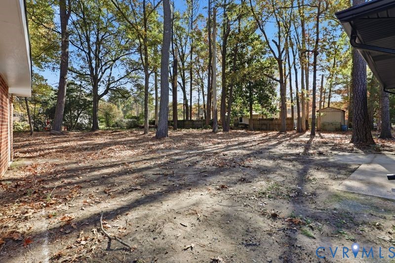 Backyard area featuring mature trees, a concrete patio, and a wood privacy fence