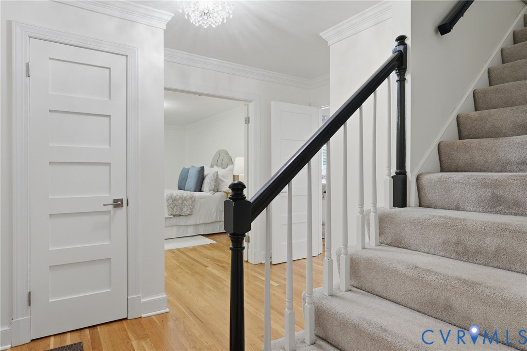 Foyer featuring wood-finish flooring, a staircase with carpeted treads, a high-contrast balustrade, crown molding, and a crystal chandelier Foyer featuring wood-finish flooring, a staircase with carpeted treads, a high-contrast balustrade, crown molding, and a crystal chandelier