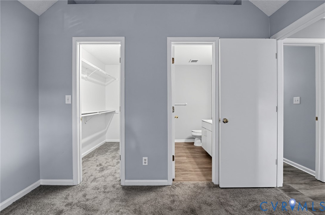 Interior room featuring grey carpeting, vaulted ceiling, a walk-in closet with built-in wire shelving, and an entrance to a bathroom with wood-finish flooring and a white vanity