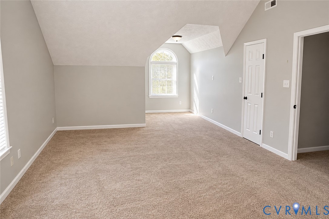 Vaulted ceilings, arched window with muntin detailing, neutral carpeting, and interior six-panel doors