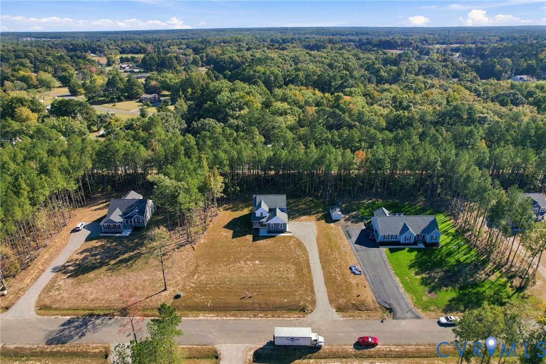 Aerial perspective of residential properties featuring asphalt driveways, open lot space, and extensive surrounding woodland canopy