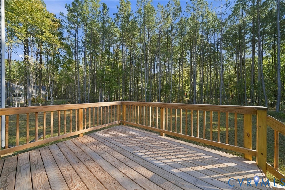 Raised wooden deck with railing overlooking mature trees and natural landscape