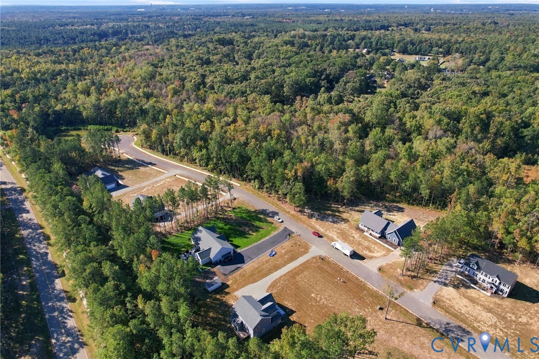Aerial perspective of residential lots featuring asphalt driveways, open land parcels, and expansive surrounding woodland