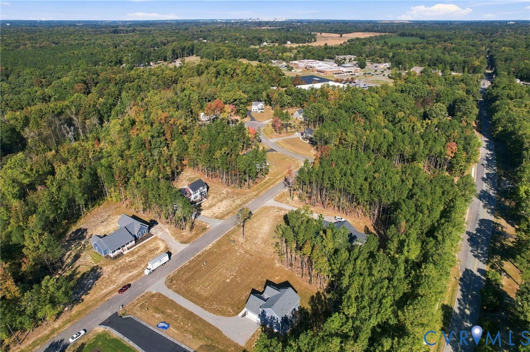 Aerial perspective of a residential development featuring paved streets, asphalt driveways, and expansive wooded surroundings
