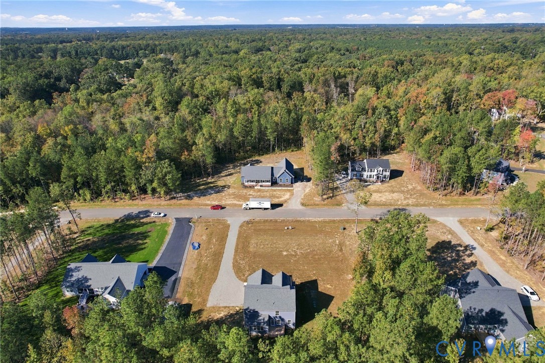 Aerial perspective featuring residential lots with paved driveways, established asphalt street infrastructure, and heavy perimeter forest coverage