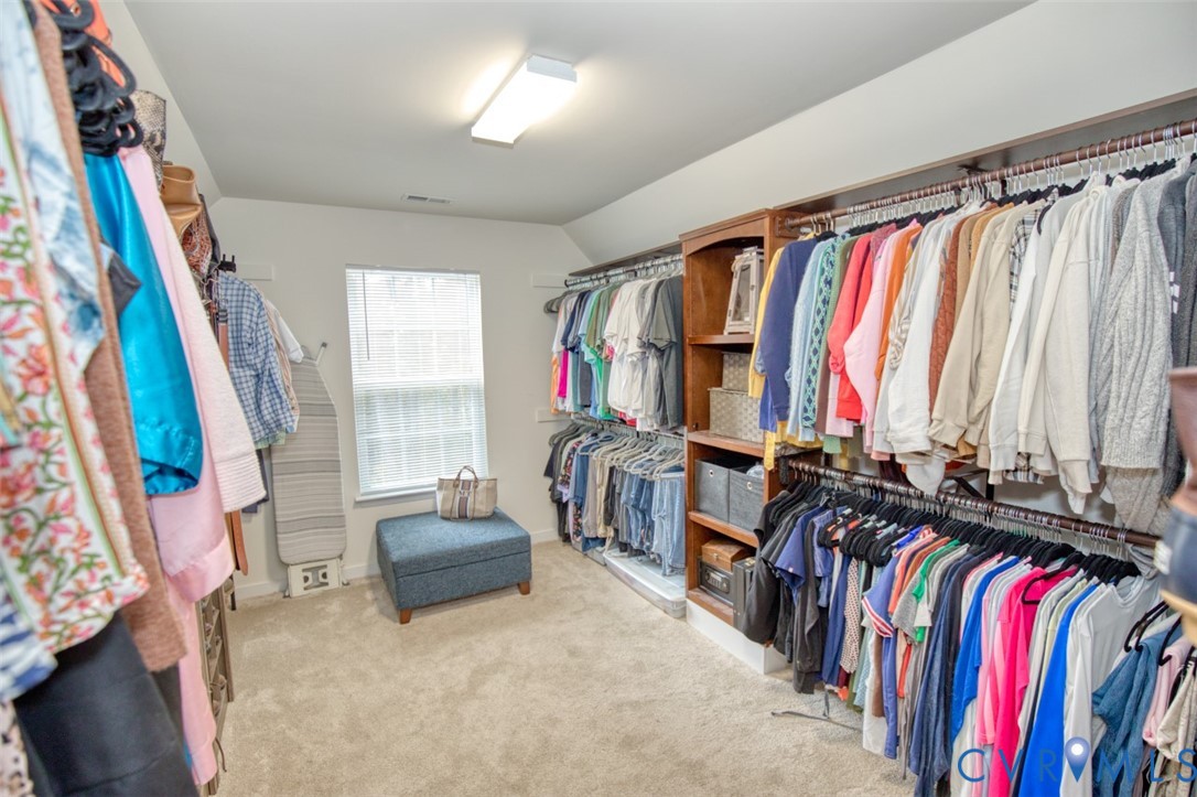 Walk-in closet featuring tiered clothing rods, integrated wood-finish shelving, wall-to-wall carpeting, and a single window