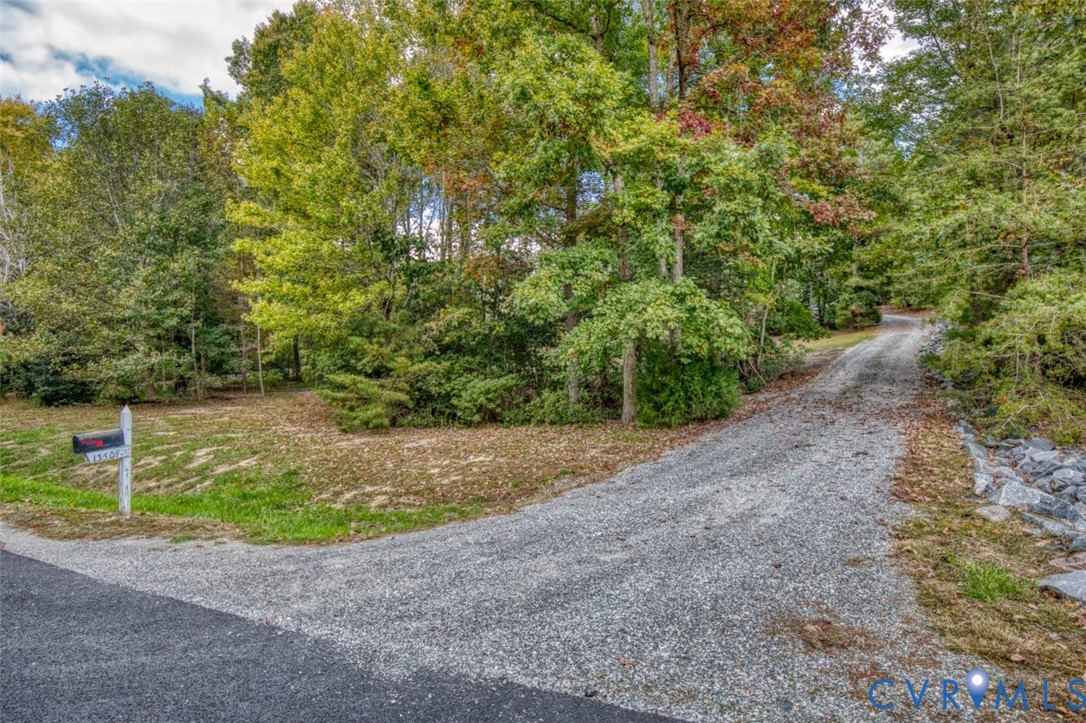 Gravel driveway entry featuring mature trees, wooded perimeter, and stone edging